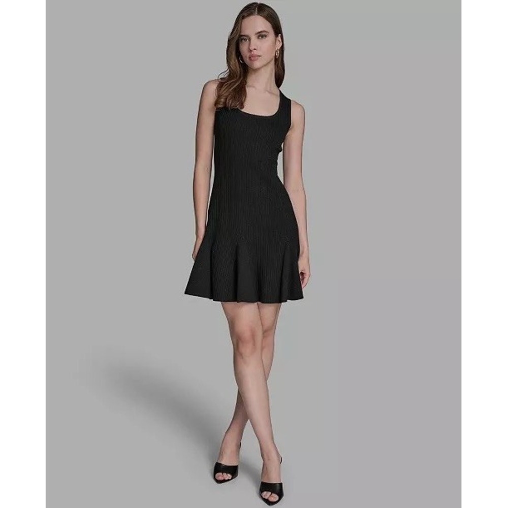 NWT BCBG Knit Dress Womens Black Ribbed Metallic Fit Flare M $159
